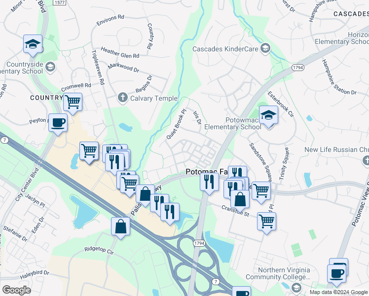 map of restaurants, bars, coffee shops, grocery stores, and more near 20870 Pitt Terrace in Sterling