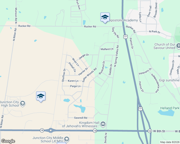 map of restaurants, bars, coffee shops, grocery stores, and more near 1802 Sutter Woods Road in Junction City