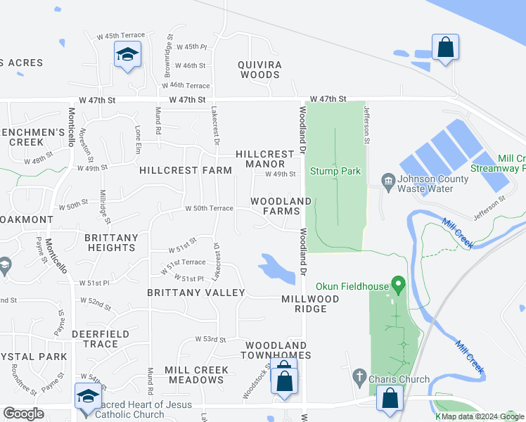 map of restaurants, bars, coffee shops, grocery stores, and more near 5038 Woodstock Street in Shawnee
