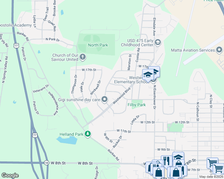 map of restaurants, bars, coffee shops, grocery stores, and more near 1518 West 15th Street in Junction City