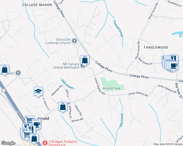 map of restaurants, bars, coffee shops, grocery stores, and more near 136 Collington Court in Arnold