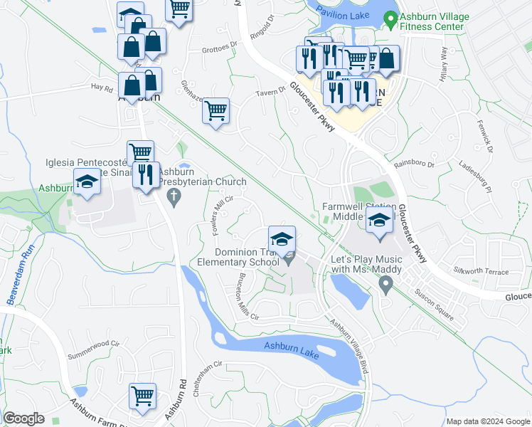 map of restaurants, bars, coffee shops, grocery stores, and more near 20873 Fowlers Mill Circle in Ashburn