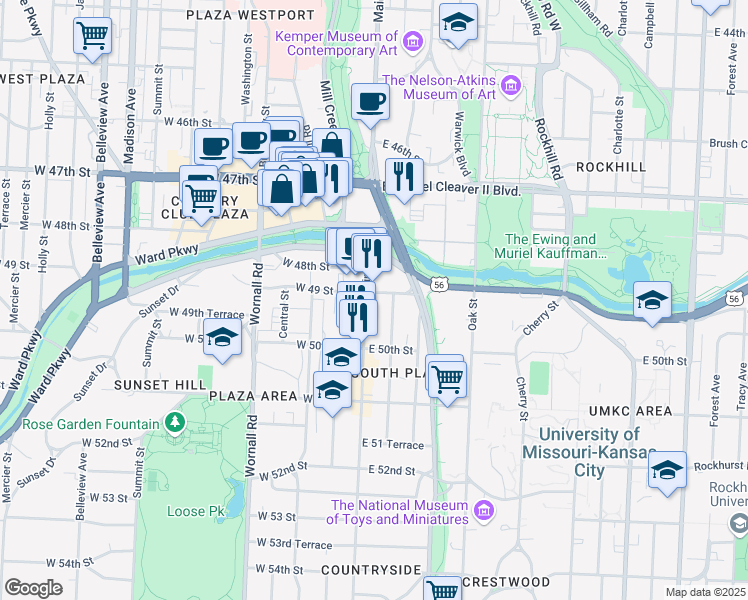 map of restaurants, bars, coffee shops, grocery stores, and more near 4901 Main Street in Kansas City