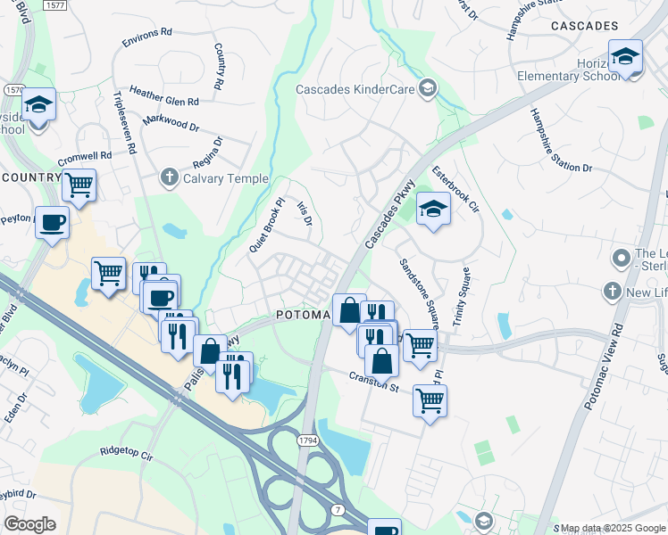map of restaurants, bars, coffee shops, grocery stores, and more near 46239 Milthorn Terrace in Sterling