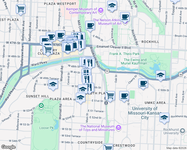 map of restaurants, bars, coffee shops, grocery stores, and more near 15 East 49th Street in Kansas City