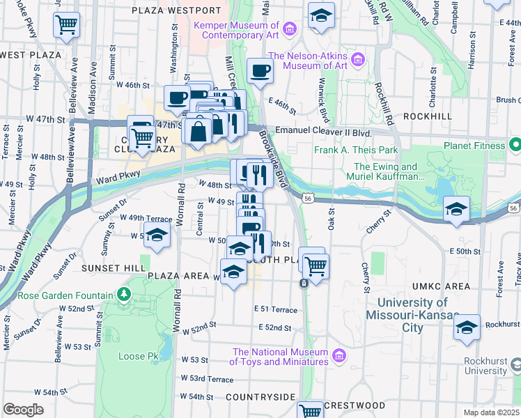 map of restaurants, bars, coffee shops, grocery stores, and more near 4901 Main Street in Kansas City