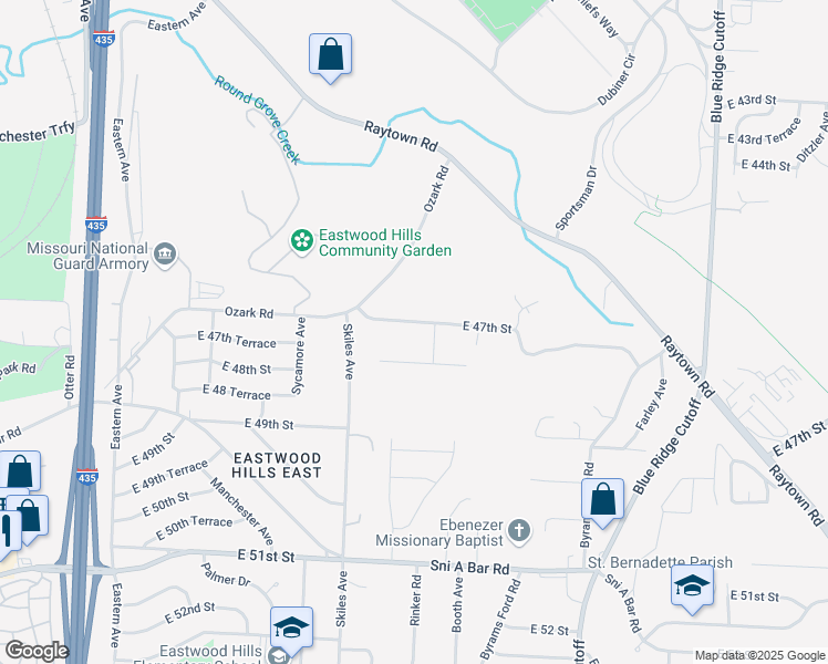 map of restaurants, bars, coffee shops, grocery stores, and more near 8405 East 47th Street in Kansas City