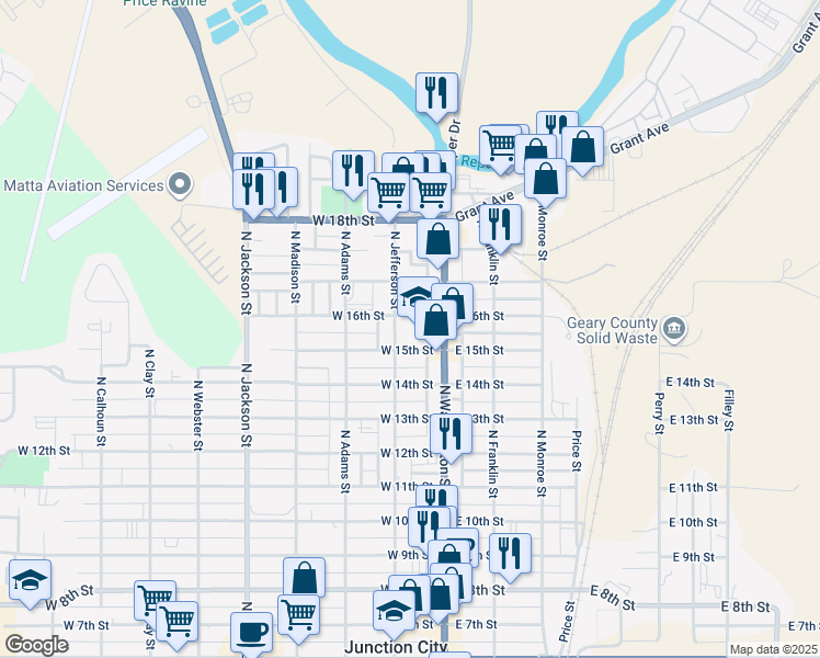 map of restaurants, bars, coffee shops, grocery stores, and more near 1500 North Washington Street in Junction City