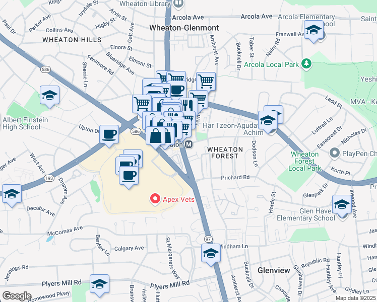 map of restaurants, bars, coffee shops, grocery stores, and more near 11175 Georgia Avenue in Silver Spring