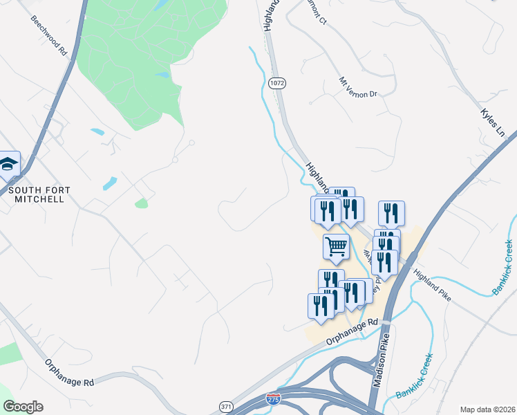 map of restaurants, bars, coffee shops, grocery stores, and more near 3520 Reeves Drive in Covington