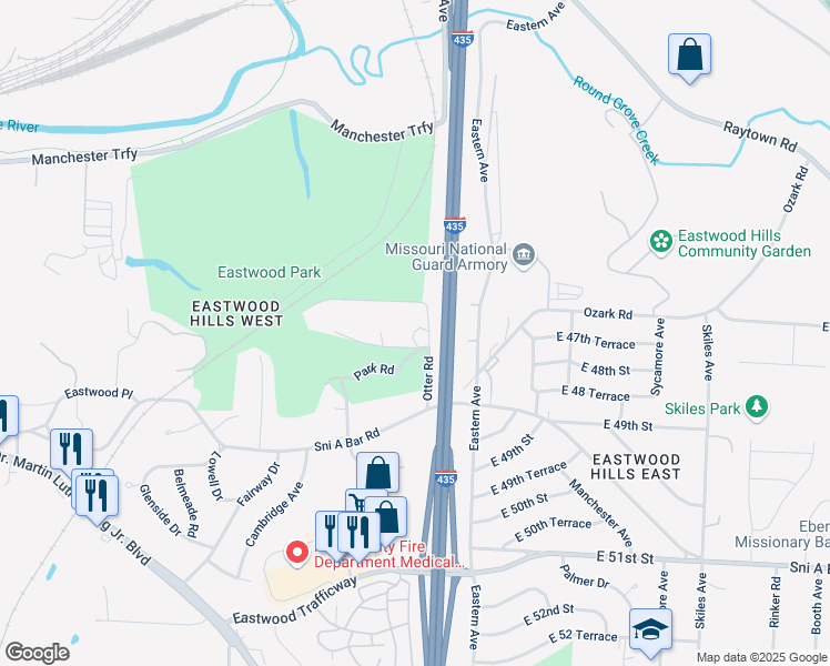map of restaurants, bars, coffee shops, grocery stores, and more near 7161 East 47th Street in Kansas City