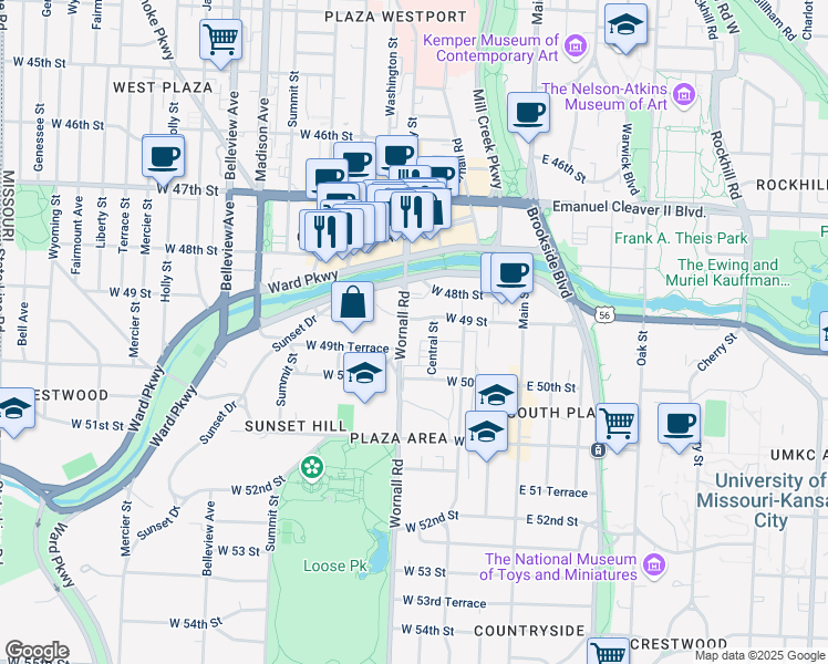 map of restaurants, bars, coffee shops, grocery stores, and more near 310 West 49 Street in Kansas City