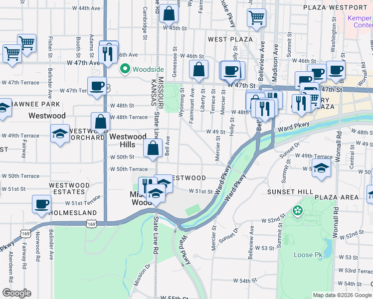 map of restaurants, bars, coffee shops, grocery stores, and more near 4917 Wyoming Street in Kansas City