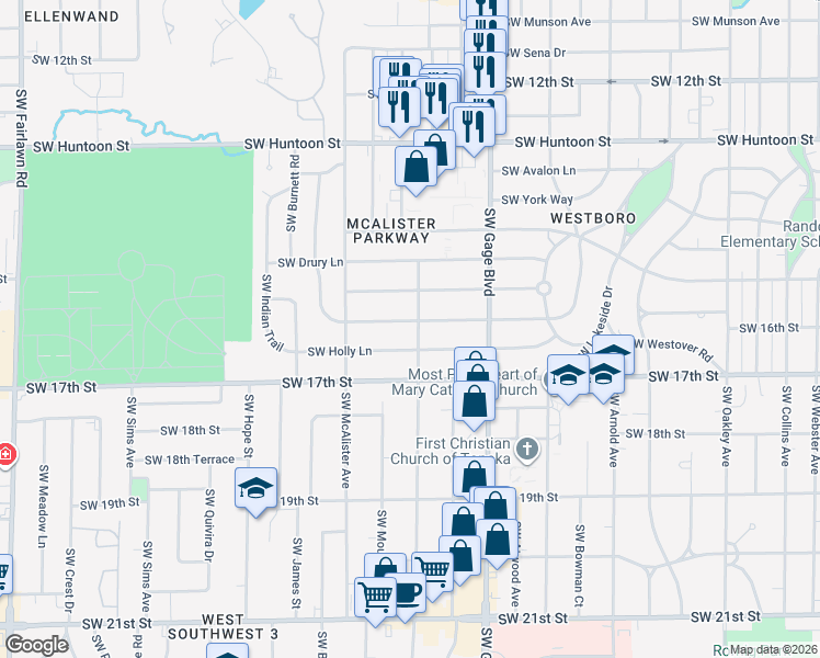 map of restaurants, bars, coffee shops, grocery stores, and more near 4208 Southwest Windsor Court in Topeka