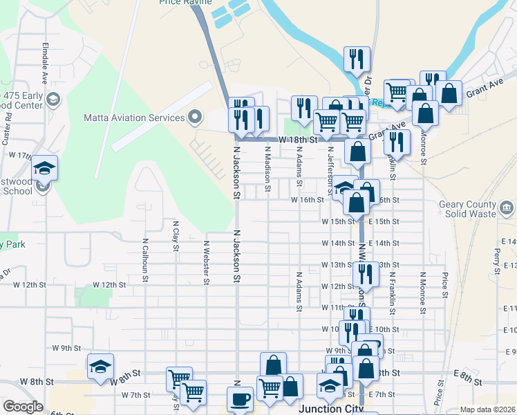 map of restaurants, bars, coffee shops, grocery stores, and more near 1600 North Madison Street in Junction City