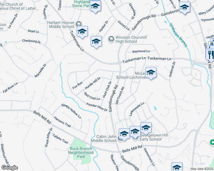 map of restaurants, bars, coffee shops, grocery stores, and more near 11124 Hunt Club Drive in Potomac