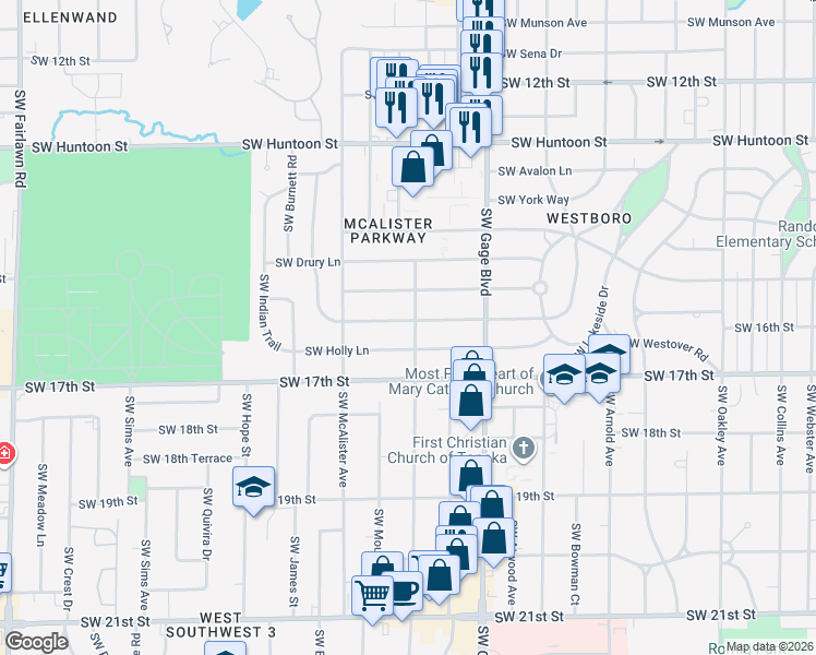 map of restaurants, bars, coffee shops, grocery stores, and more near 4208 Southwest Windsor Court in Topeka