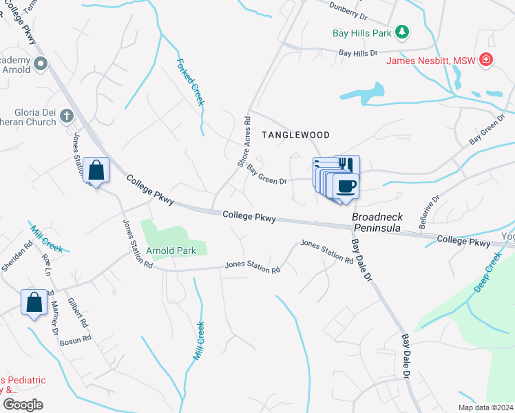 map of restaurants, bars, coffee shops, grocery stores, and more near 1333 Farley Court South in Arnold
