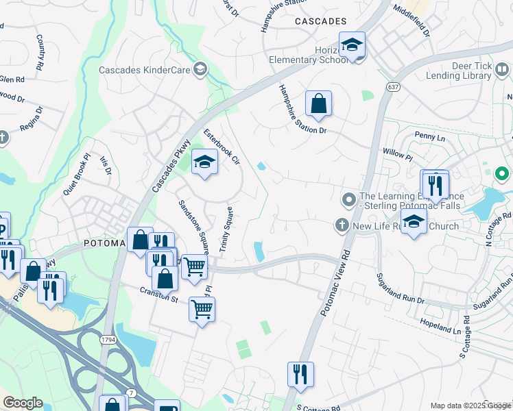 map of restaurants, bars, coffee shops, grocery stores, and more near 46463 Saffron Court in Sterling