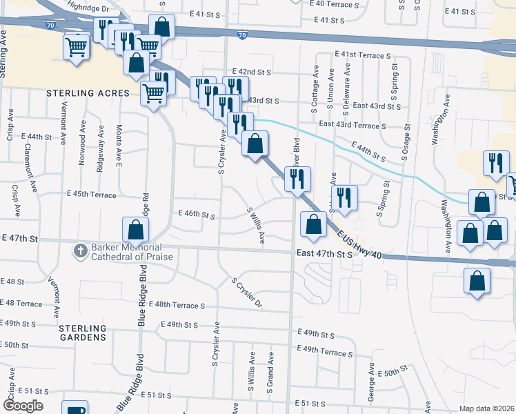 map of restaurants, bars, coffee shops, grocery stores, and more near 12412 East 46th Street South in Independence