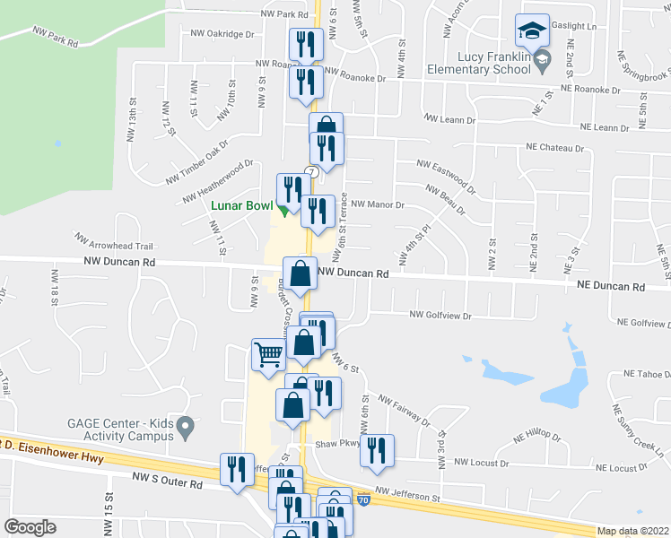map of restaurants, bars, coffee shops, grocery stores, and more near 1805 Northwest 6th Street Terrace in Blue Springs
