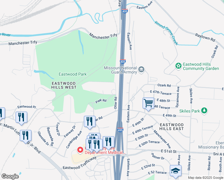 map of restaurants, bars, coffee shops, grocery stores, and more near 7161 East 47th Street in Kansas City
