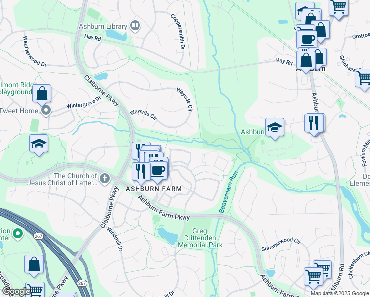 map of restaurants, bars, coffee shops, grocery stores, and more near 43462 Postrail Square in Ashburn