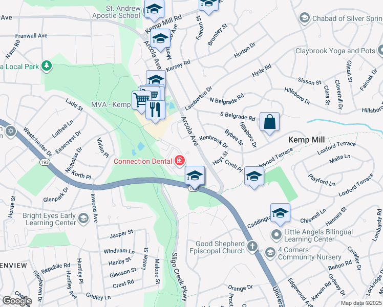 map of restaurants, bars, coffee shops, grocery stores, and more near 1121 University Boulevard West in Silver Spring
