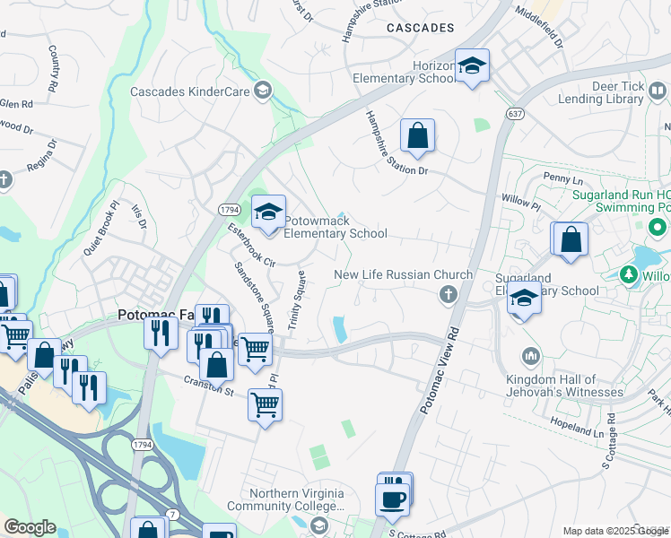 map of restaurants, bars, coffee shops, grocery stores, and more near 46463 Saffron Court in Sterling