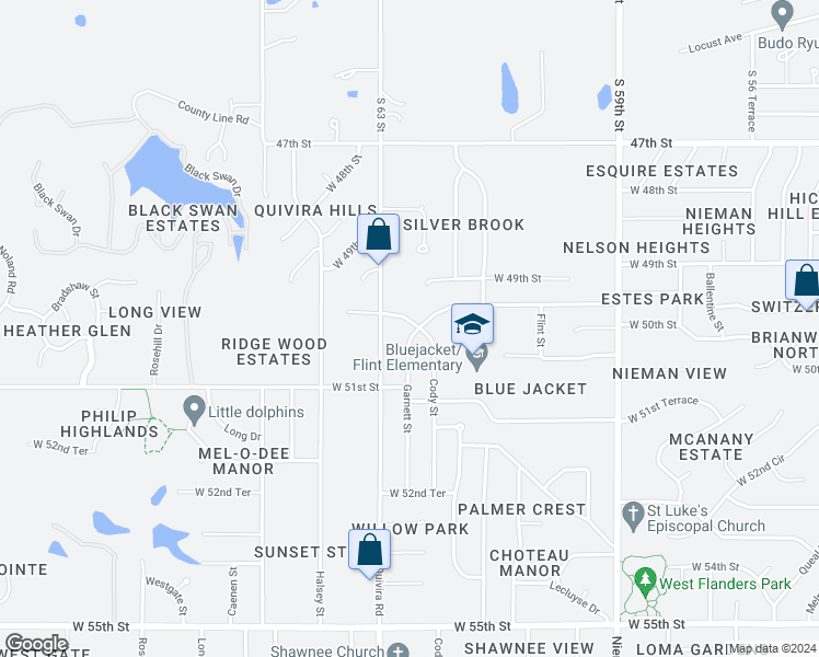 map of restaurants, bars, coffee shops, grocery stores, and more near 11807 West 49th Terrace in Shawnee