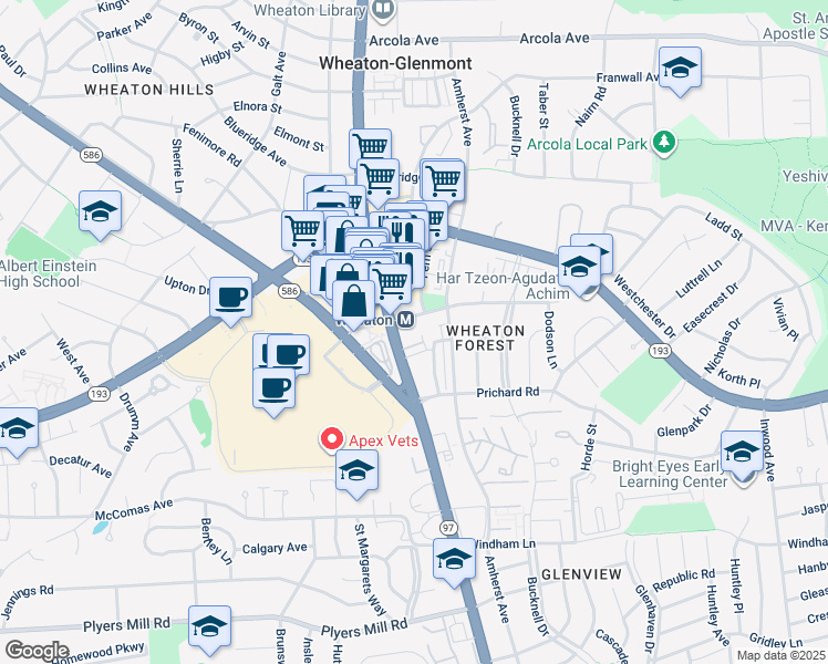 map of restaurants, bars, coffee shops, grocery stores, and more near 11175 Georgia Avenue in Silver Spring