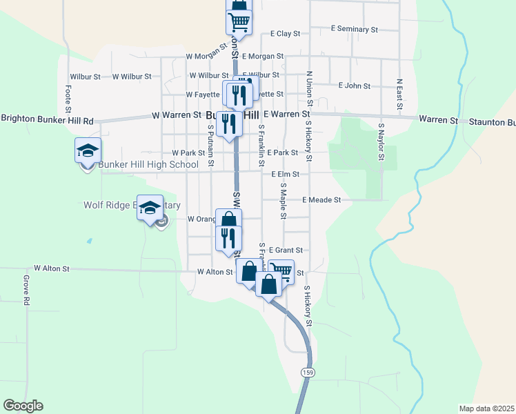 map of restaurants, bars, coffee shops, grocery stores, and more near 512 South Franklin Street in Bunker Hill