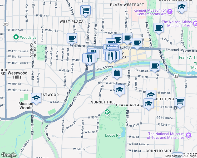 map of restaurants, bars, coffee shops, grocery stores, and more near 725 Ward Parkway in Kansas City