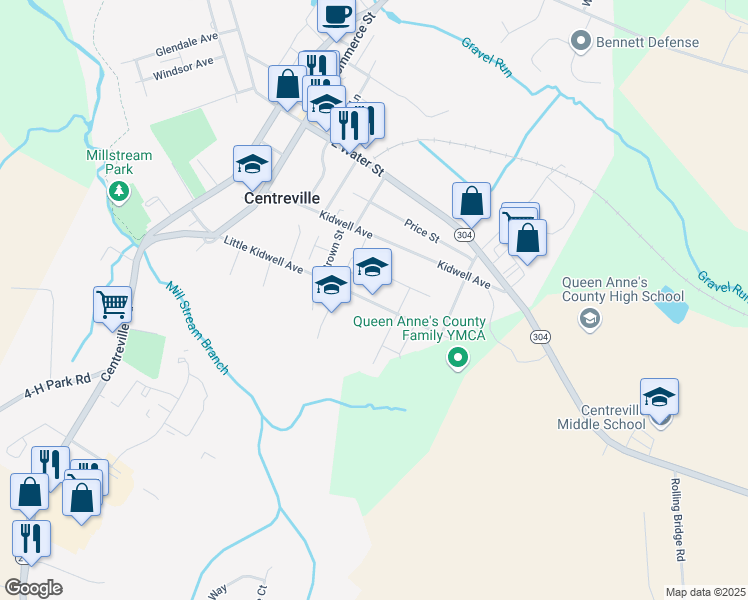 map of restaurants, bars, coffee shops, grocery stores, and more near in Centreville