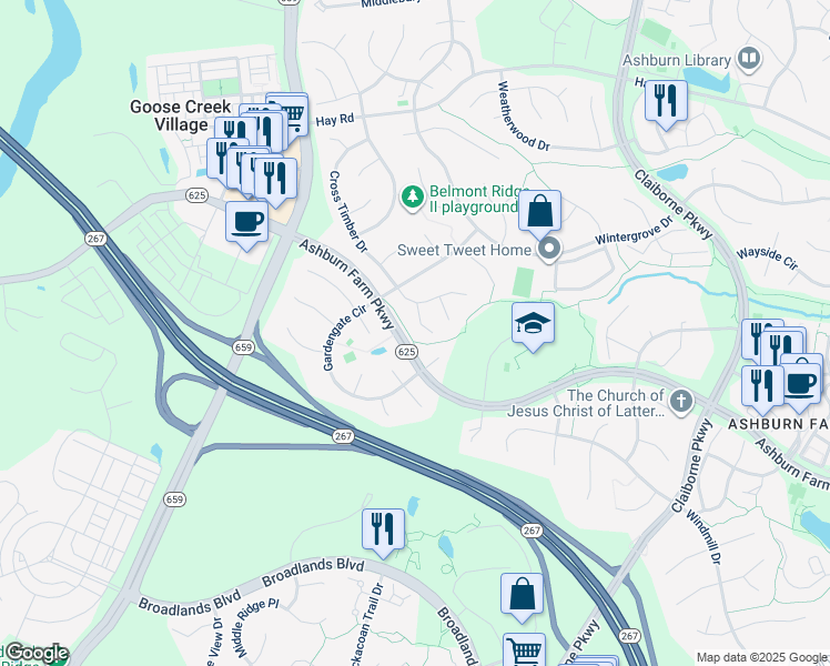 map of restaurants, bars, coffee shops, grocery stores, and more near 20879 Yellowbloom Court in Ashburn