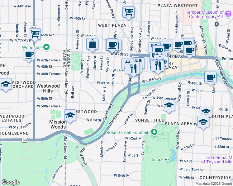 map of restaurants, bars, coffee shops, grocery stores, and more near 4907 Holly Street in Kansas City