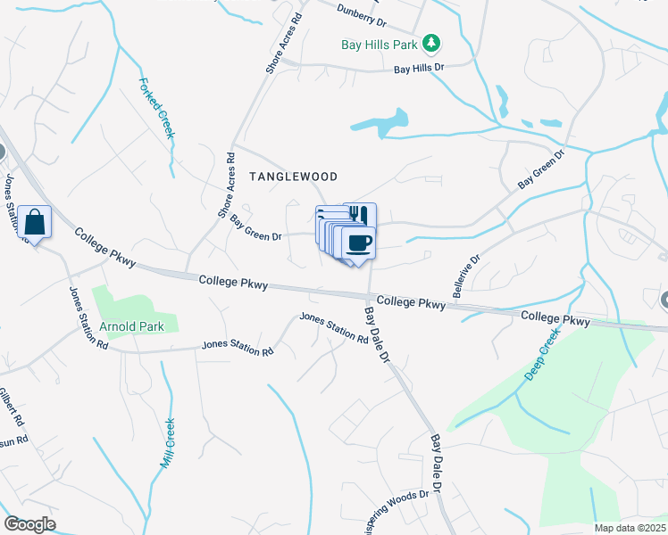 map of restaurants, bars, coffee shops, grocery stores, and more near 1258 Bay Dale Drive in Arnold