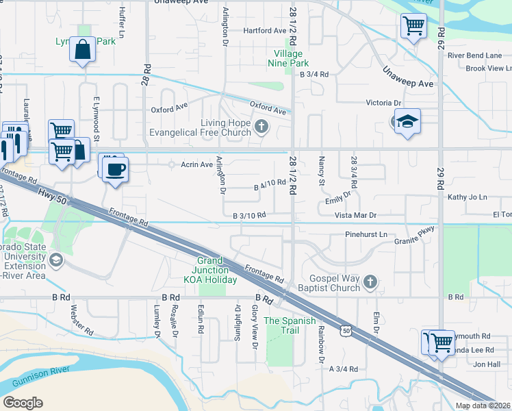 map of restaurants, bars, coffee shops, grocery stores, and more near 2843 Maverick Drive in Grand Junction