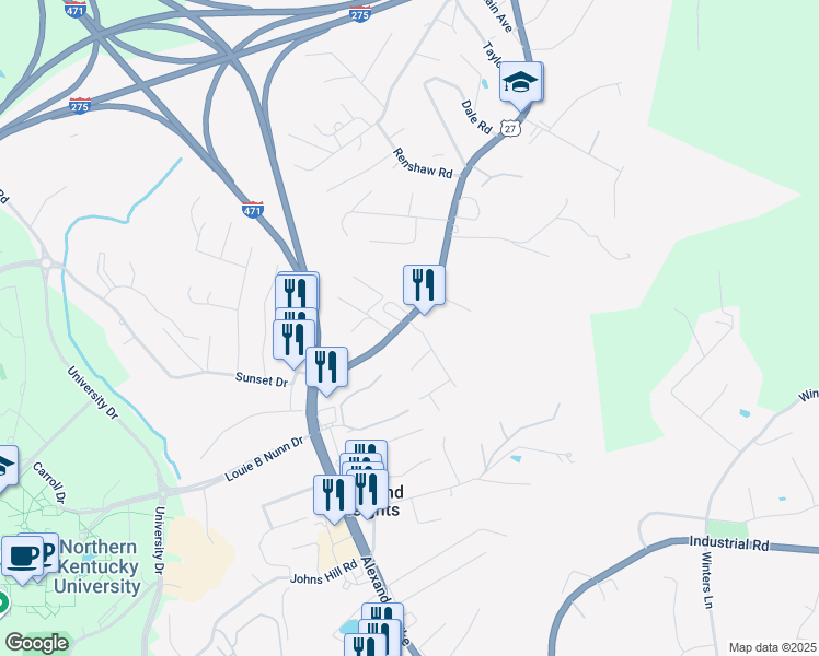 map of restaurants, bars, coffee shops, grocery stores, and more near 2414 Alexandria Pike in Highland Heights