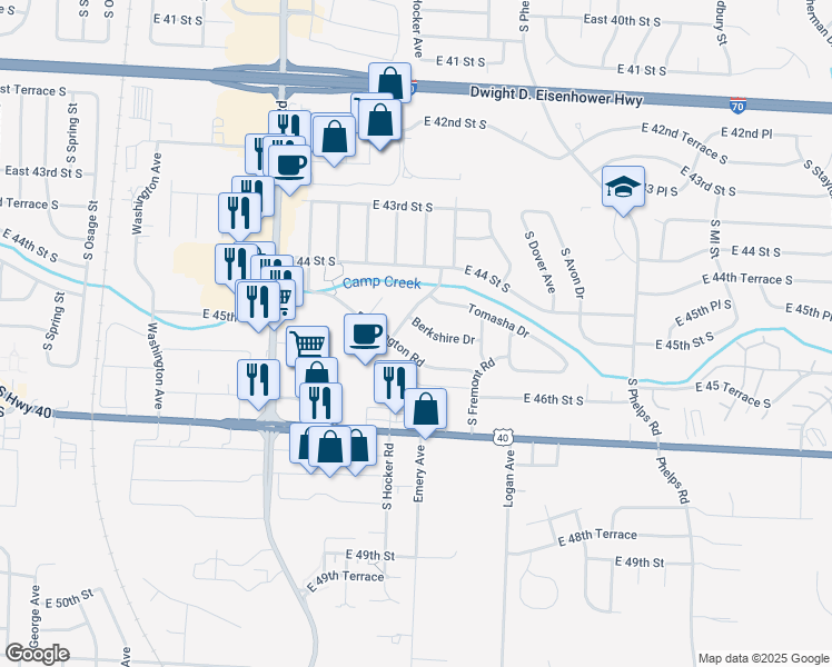 map of restaurants, bars, coffee shops, grocery stores, and more near 14408 Berkshire Drive in Independence