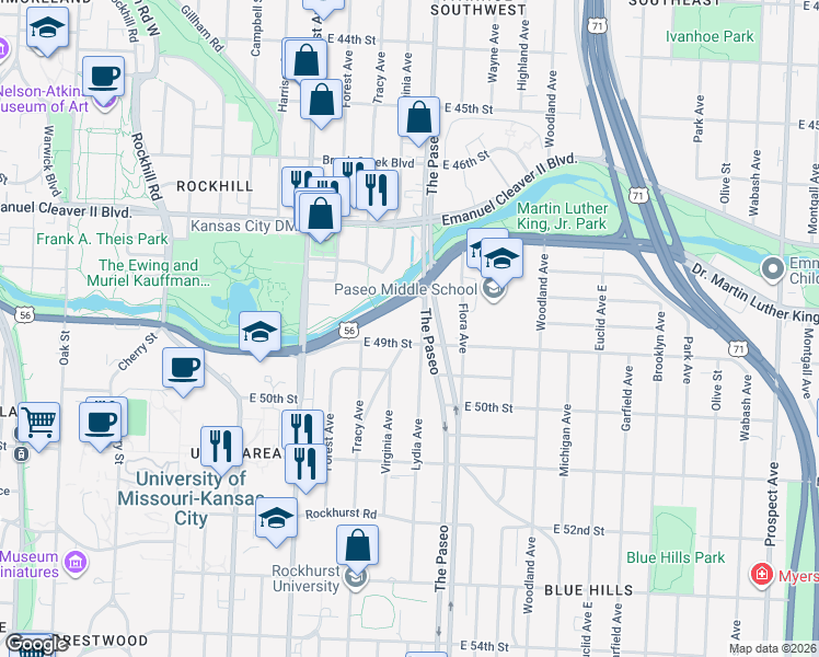 map of restaurants, bars, coffee shops, grocery stores, and more near 4820 The Paseo in Kansas City