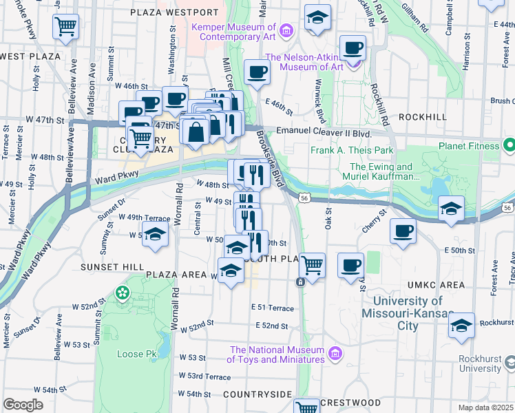 map of restaurants, bars, coffee shops, grocery stores, and more near 4901 Main Street in Kansas City