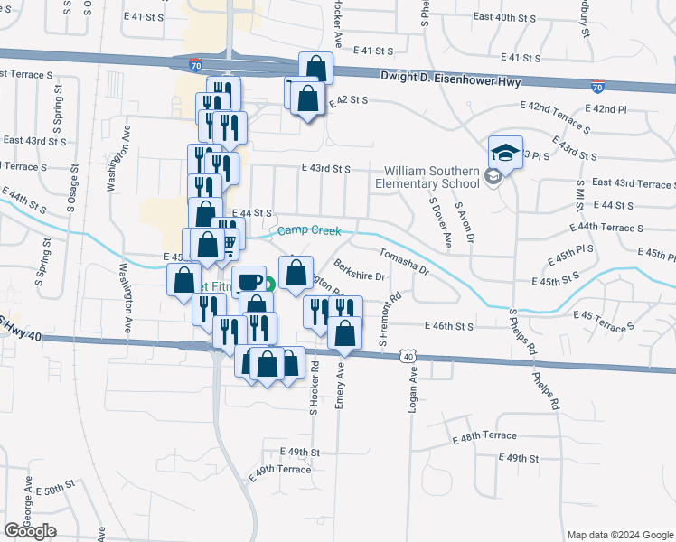 map of restaurants, bars, coffee shops, grocery stores, and more near 14413 Berkshire Drive in Independence