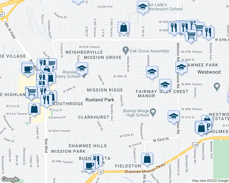 map of restaurants, bars, coffee shops, grocery stores, and more near 4941 Neosho Lane in Roeland Park
