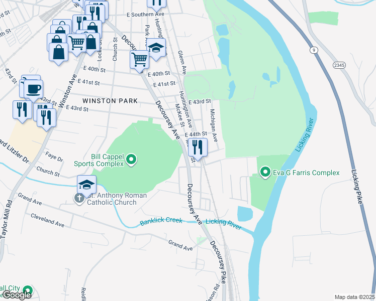 map of restaurants, bars, coffee shops, grocery stores, and more near 4432 Decoursey Avenue in Covington