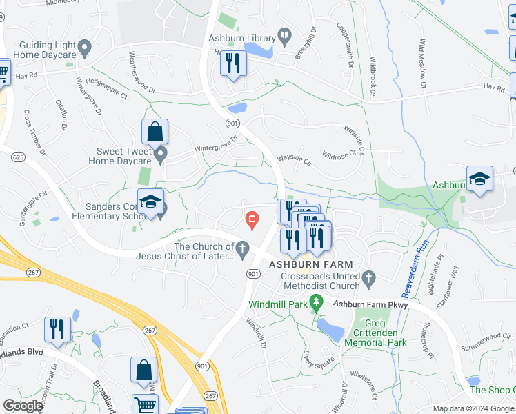 map of restaurants, bars, coffee shops, grocery stores, and more near 43300 Marymount Terrace in Ashburn