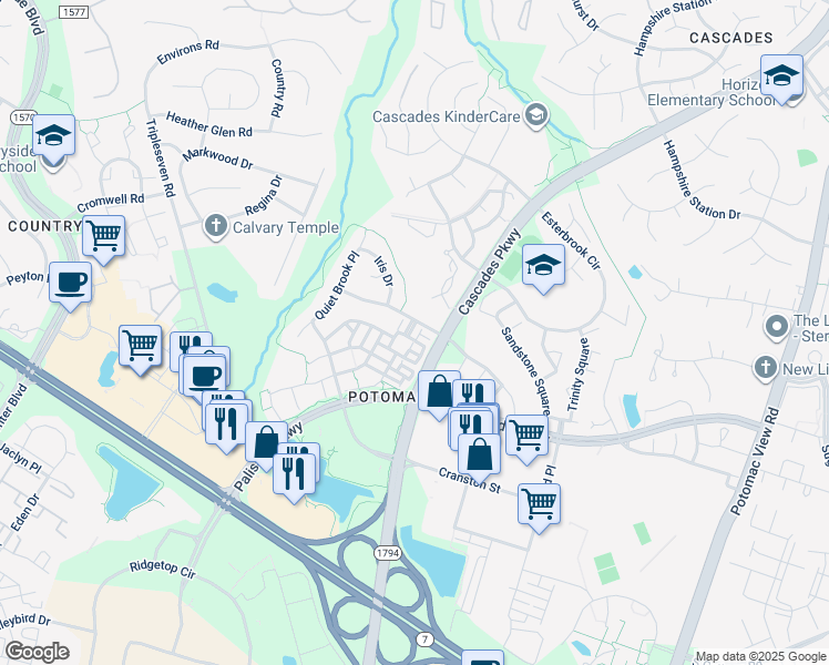 map of restaurants, bars, coffee shops, grocery stores, and more near 46228 Milthorn Te in Sterling