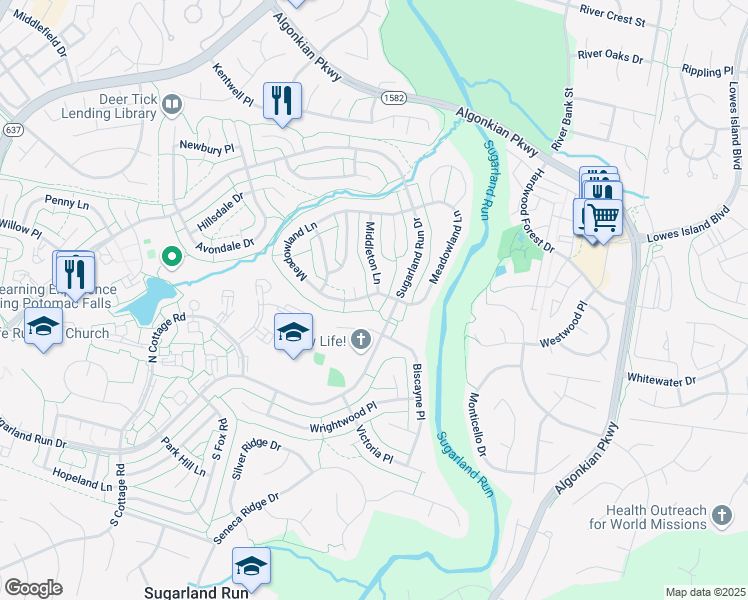 map of restaurants, bars, coffee shops, grocery stores, and more near 204 West Meadowland Lane in Sterling