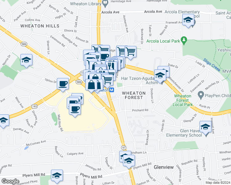 map of restaurants, bars, coffee shops, grocery stores, and more near 11175 Georgia Avenue in Silver Spring