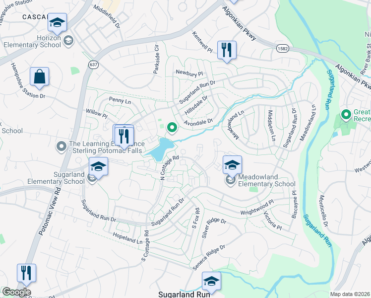 map of restaurants, bars, coffee shops, grocery stores, and more near 205 North Cottage Road in Sterling